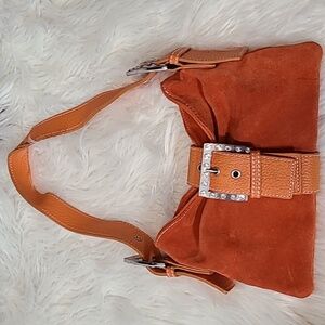 Orange Faux Suede Handbag Rhinestone Shoulder Bag Medium Slouchy Pop Of Color‎